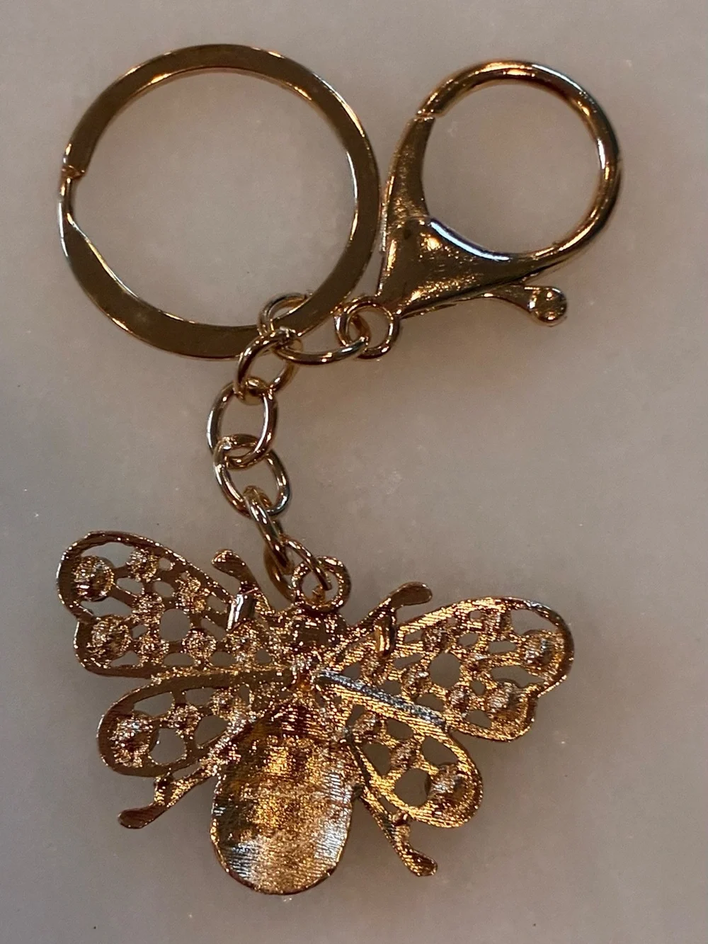 Gold Bee Keychain with Pink & White Enamel rhinestones bag charm back pack